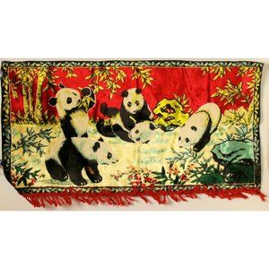 Vtg Swan Velveteen Tapestry Giant Panda Chinese Wall Hanging 39x20 Red Nature